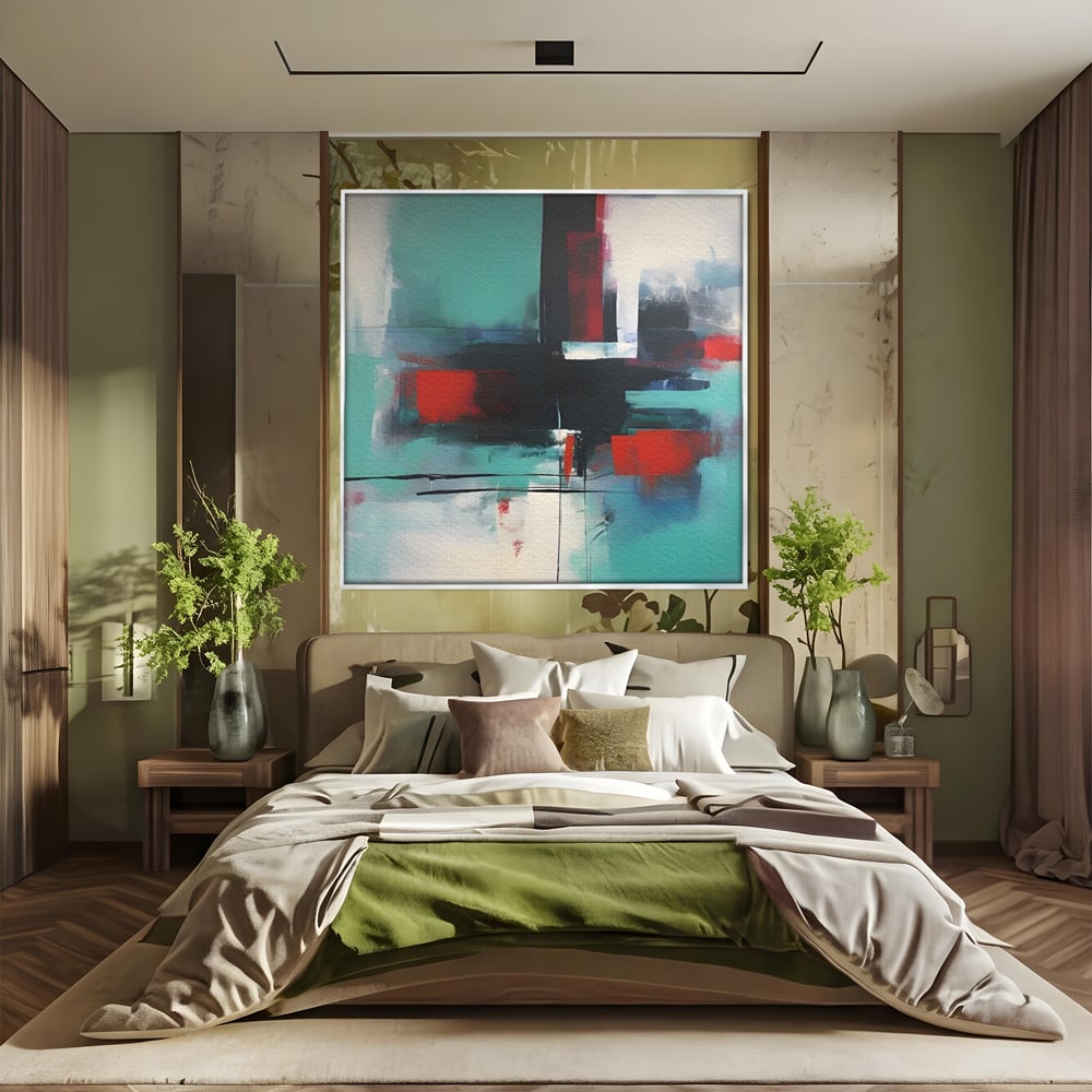 Tablou canvas cu pictura abstracta patrata cu pete rosii, in rama de aluminiu argintiu, pe perete intr-un dormitor