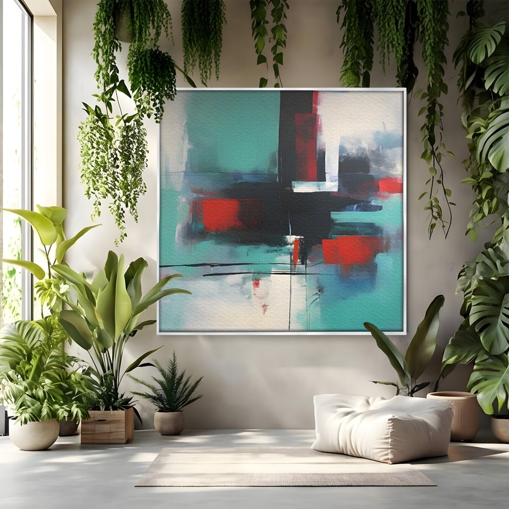Tablou canvas cu pictura abstracta patrata cu pete rosii, in rama de aluminiu argintiu