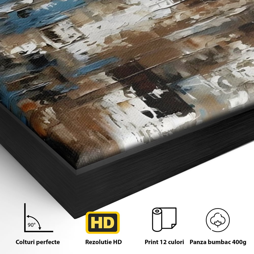 Detaliu al suprafetei: pictura abstracta cu texturi de albastru si maro, in rama de aluminiu negru