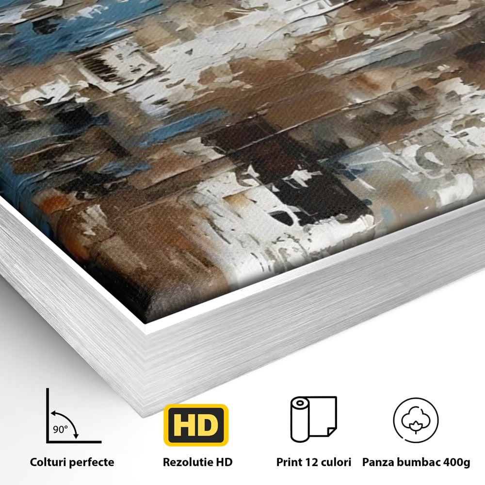Detaliu al suprafetei: pictura abstracta cu texturi de albastru si maro, in rama de aluminiu argintiu