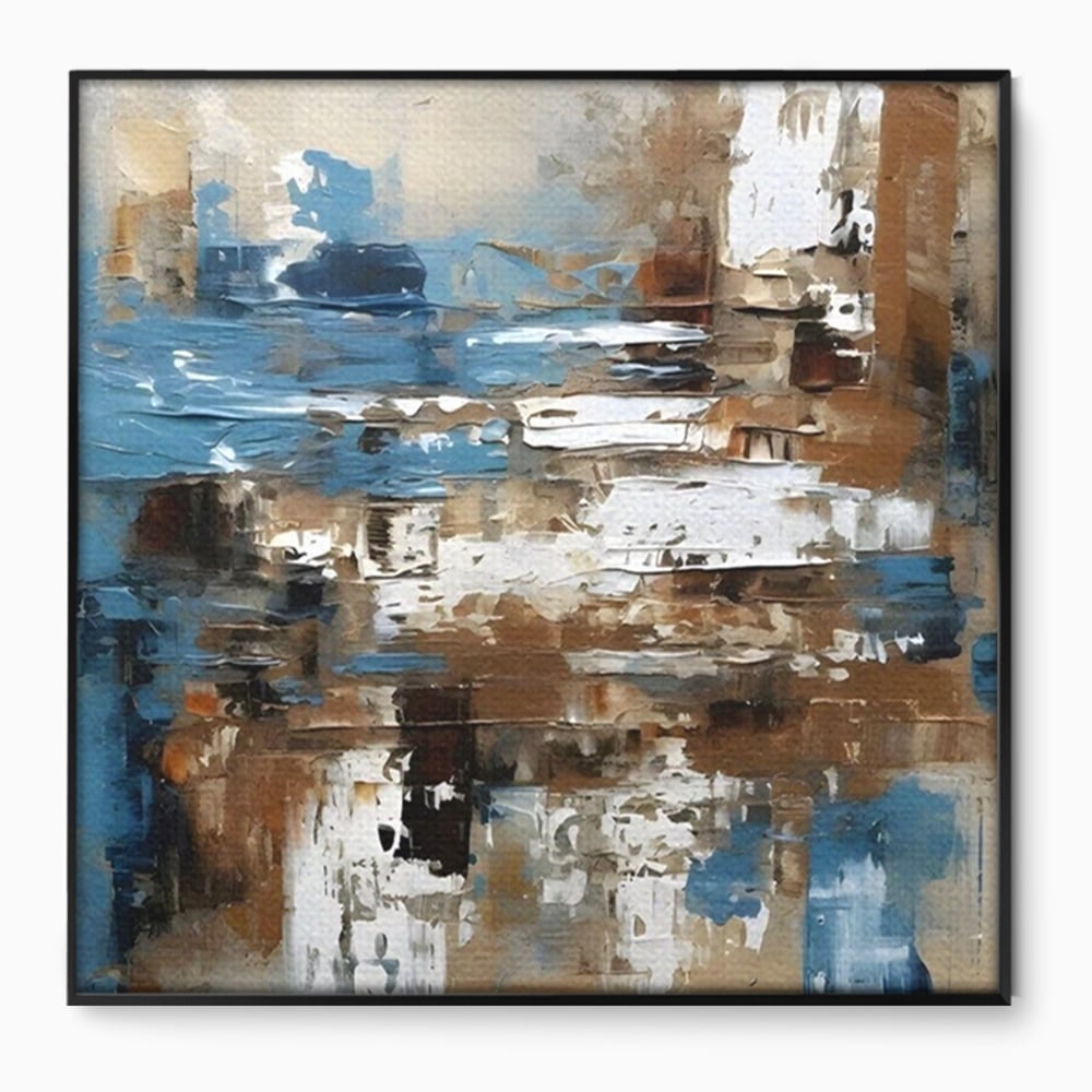 Tablou canvas cu pictura abstracta cu texturi de albastru si maro, in rama de aluminiu negru