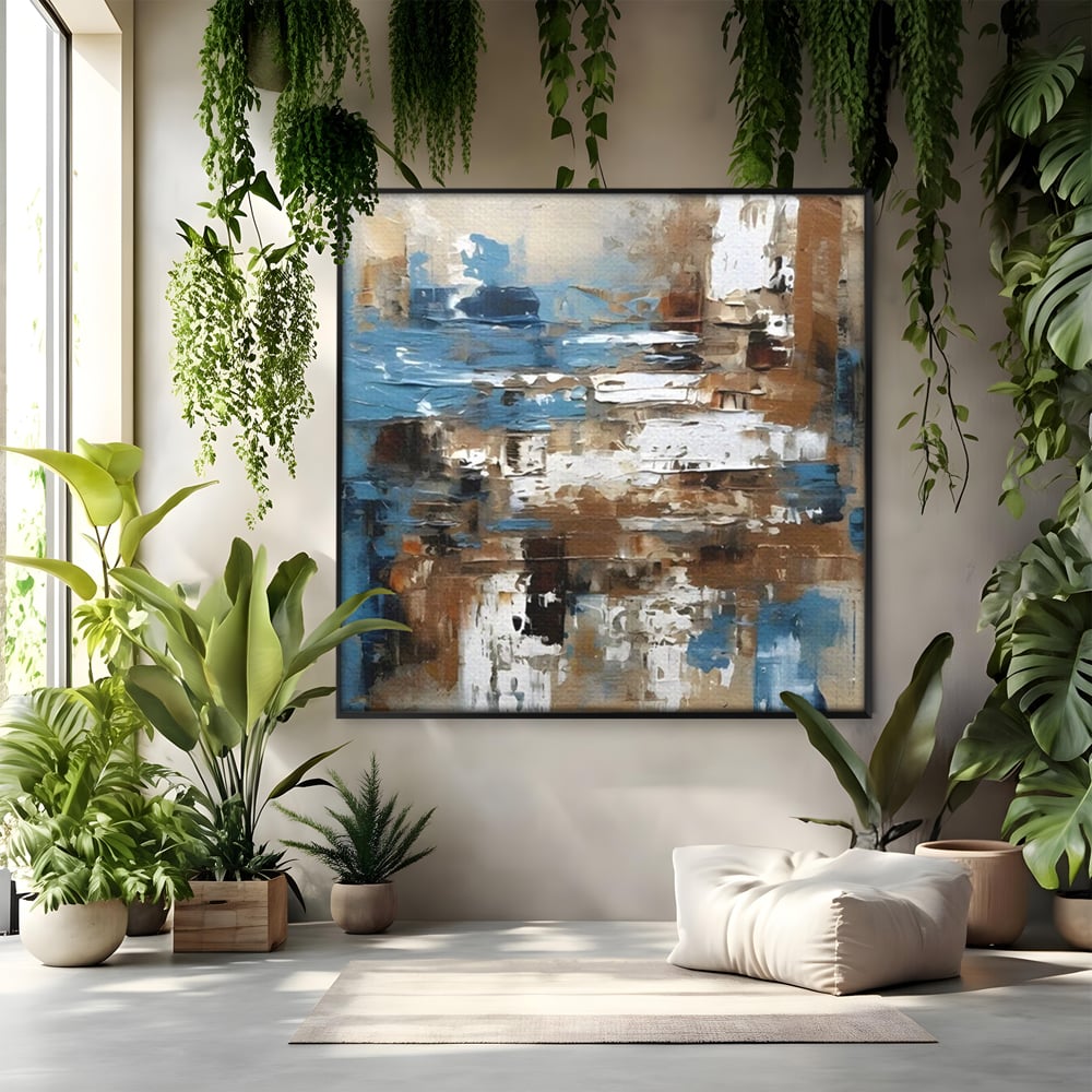 Tablou canvas cu pictura abstracta cu texturi de albastru si maro, in rama de aluminiu negru