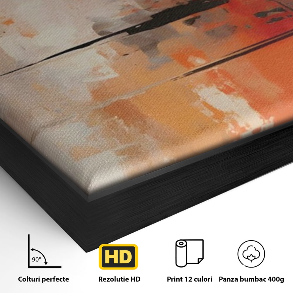 Detaliu al suprafetei: pictura abstracta cu linii negre orizontale, in rama de aluminiu negru