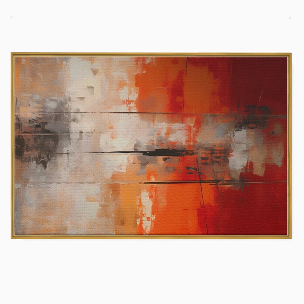 Tablou canvas cu pictura abstracta cu linii negre orizontale, in rama de aluminiu auriu