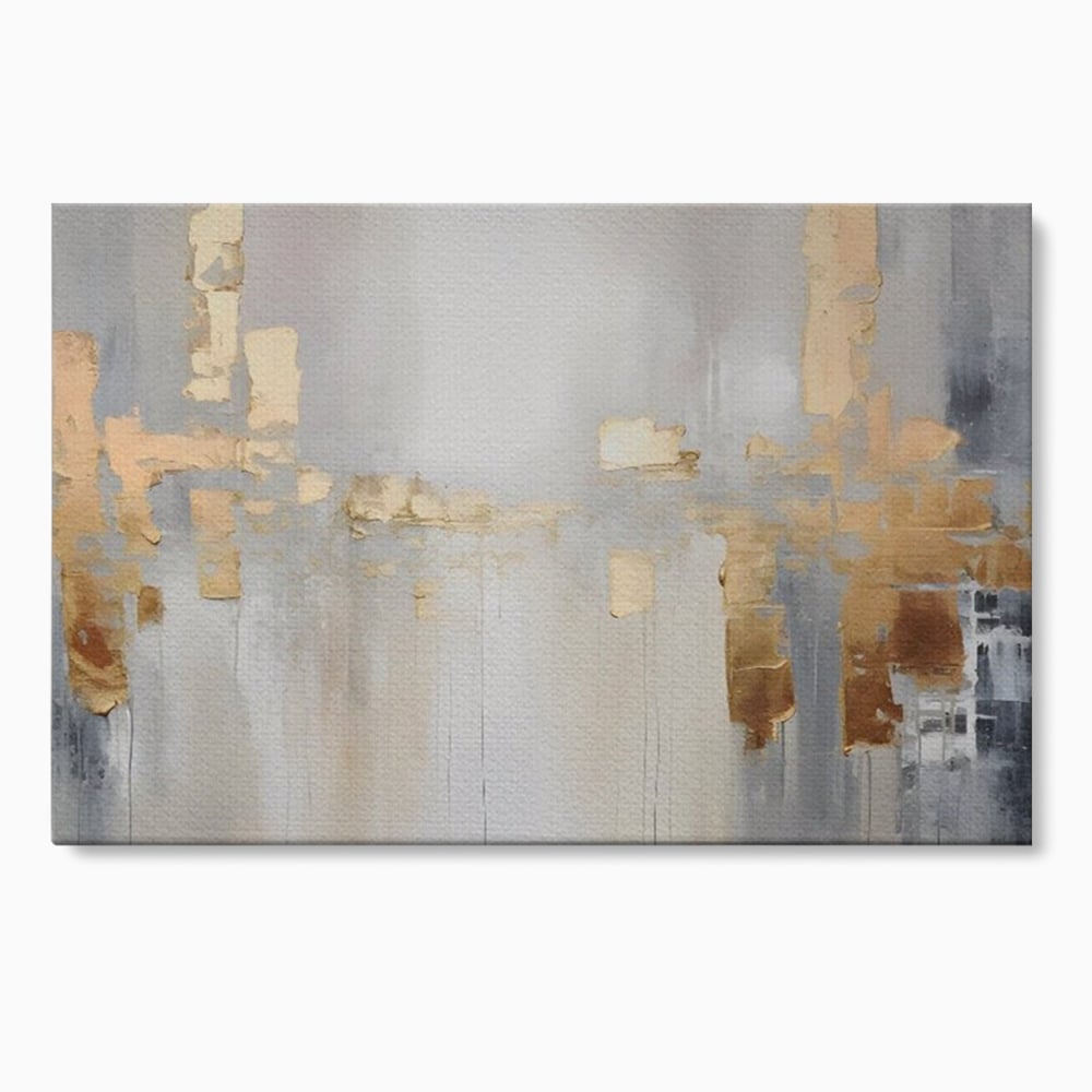 Tablou canvas cu pictura abstracta cu pete aurii si gri, fara rama, pe sasiu de lemn