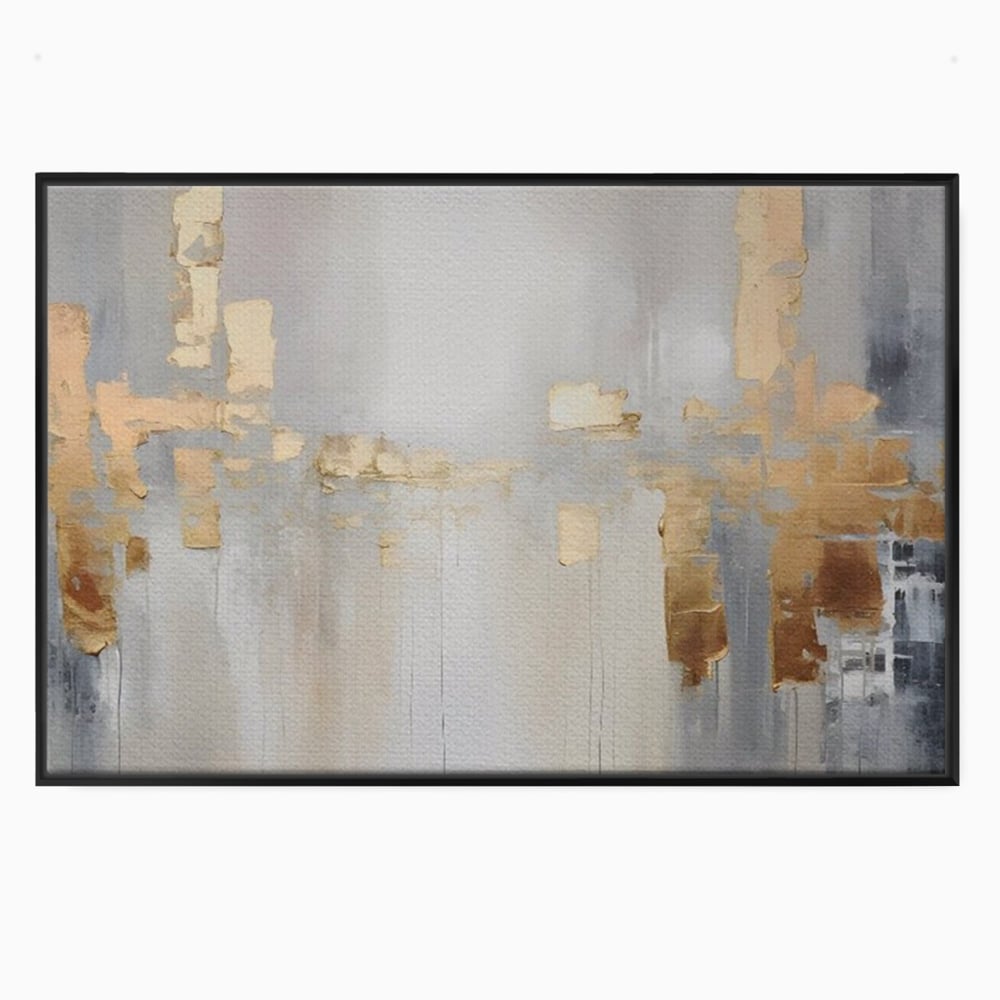 Tablou canvas cu pictura abstracta cu pete aurii si gri, in rama de aluminiu negru