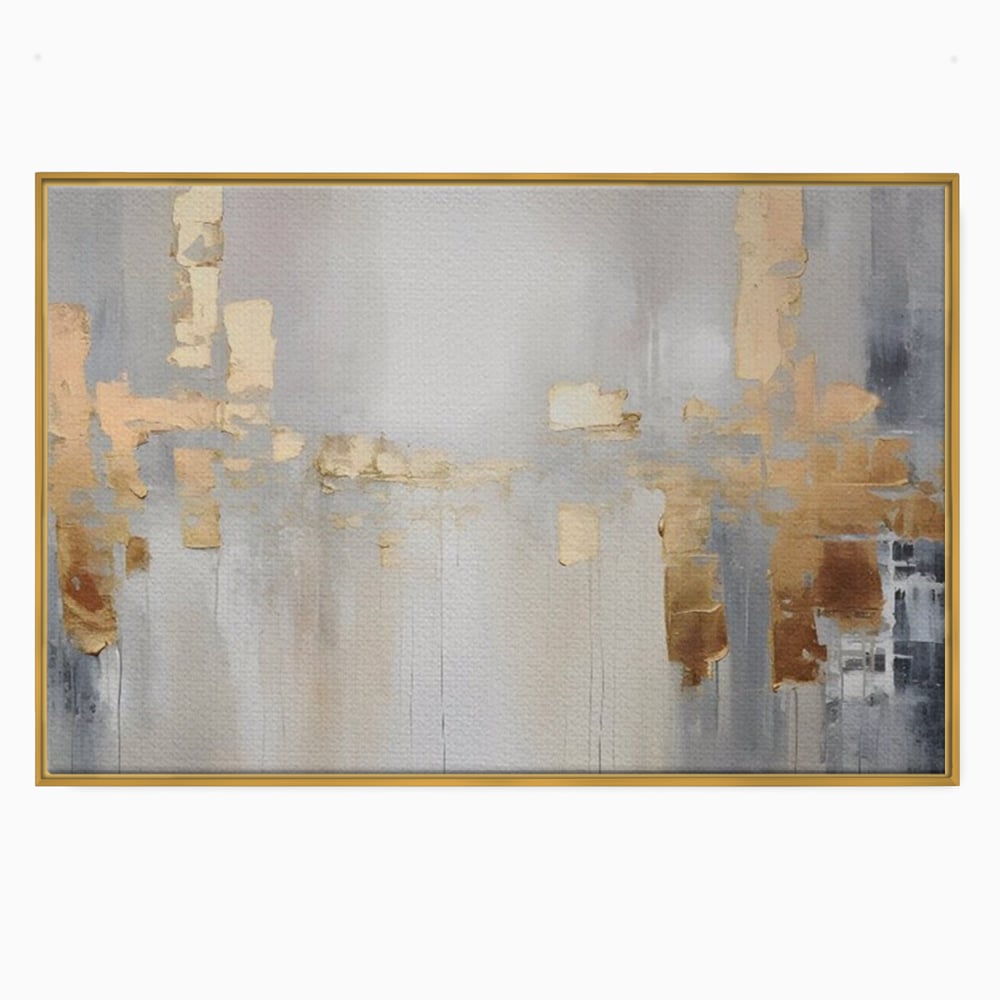 Tablou canvas cu pictura abstracta cu pete aurii si gri, in rama de aluminiu auriu