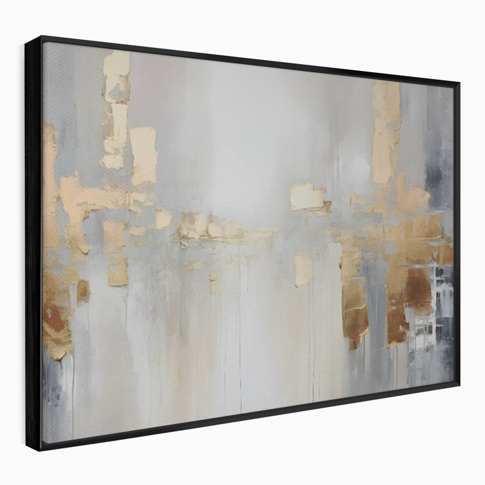 Tablou canvas cu pictura abstracta cu pete aurii si gri, in rama de aluminiu negru