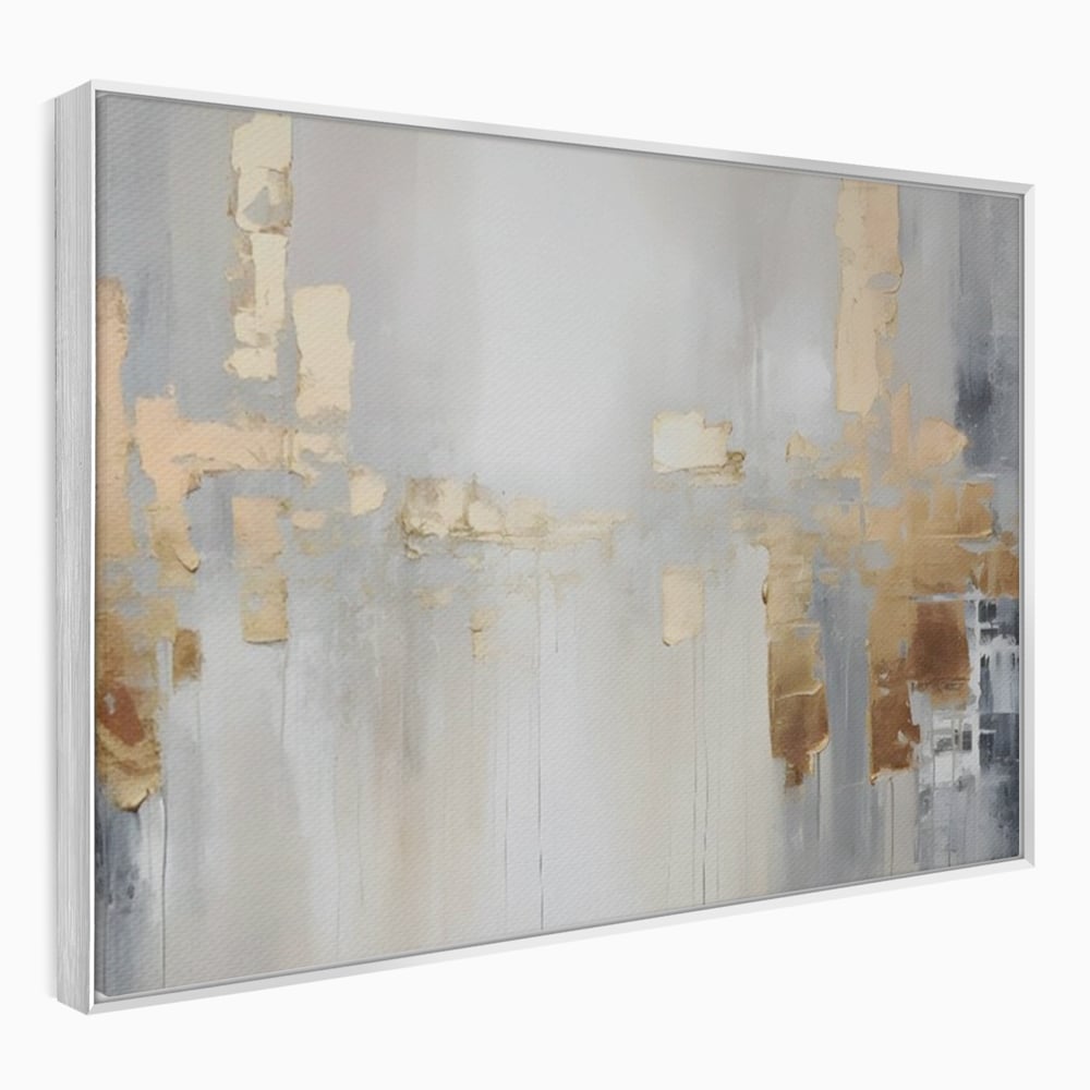 Tablou canvas cu pictura abstracta cu pete aurii si gri, in rama de aluminiu argintiu