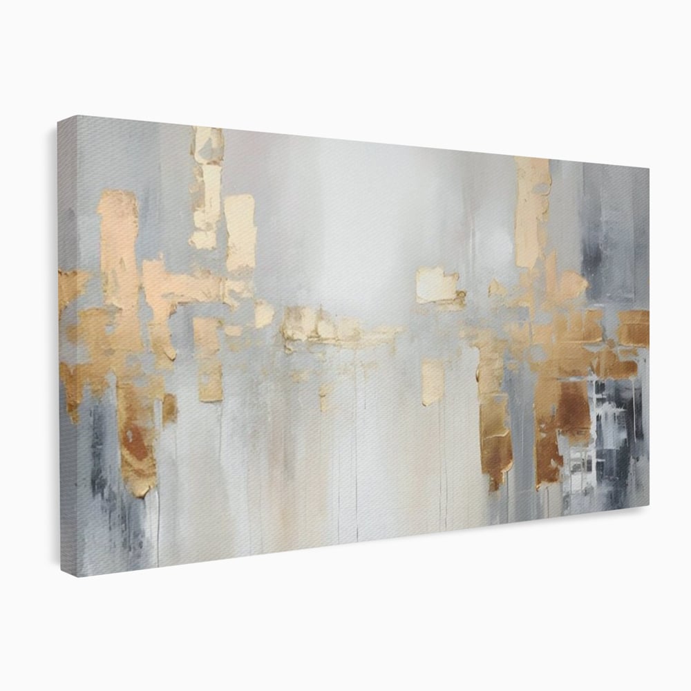 Tablou canvas cu pictura abstracta cu pete aurii si gri, fara rama, pe sasiu de lemn