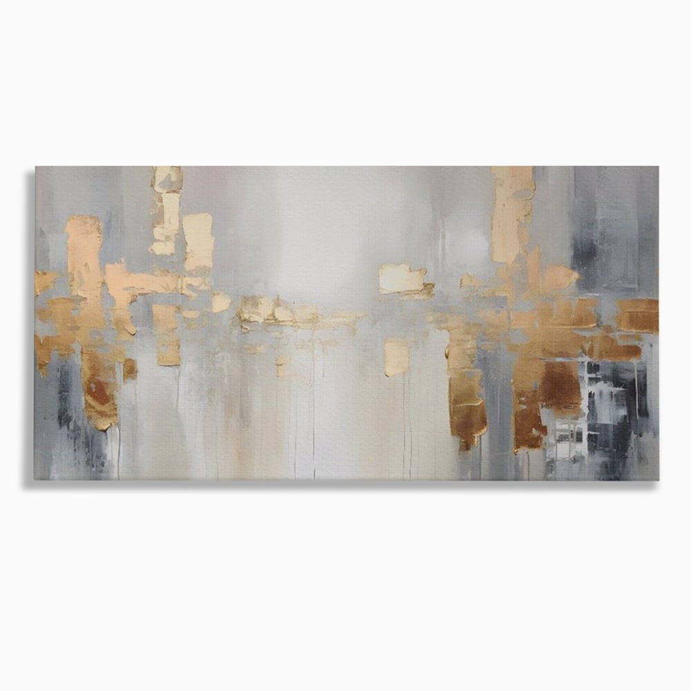 Tablou canvas cu pictura abstracta cu pete aurii si gri, fara rama, pe sasiu de lemn