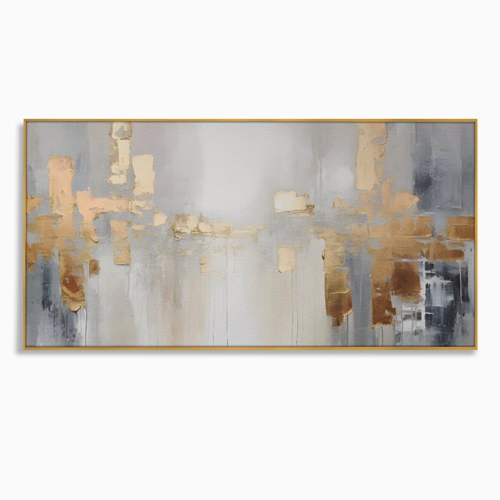 Tablou canvas cu pictura abstracta cu pete aurii si gri, in rama de aluminiu auriu