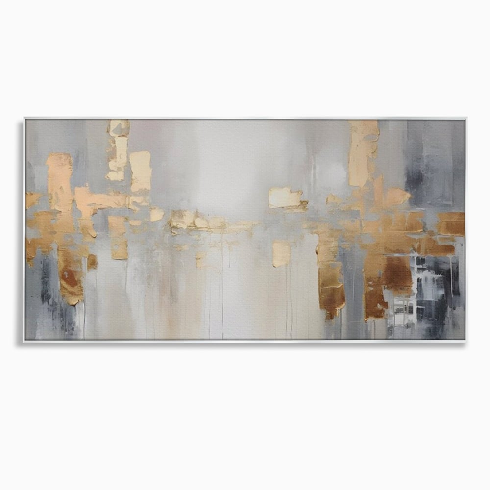 Tablou canvas cu pictura abstracta cu pete aurii si gri, in rama de aluminiu argintiu