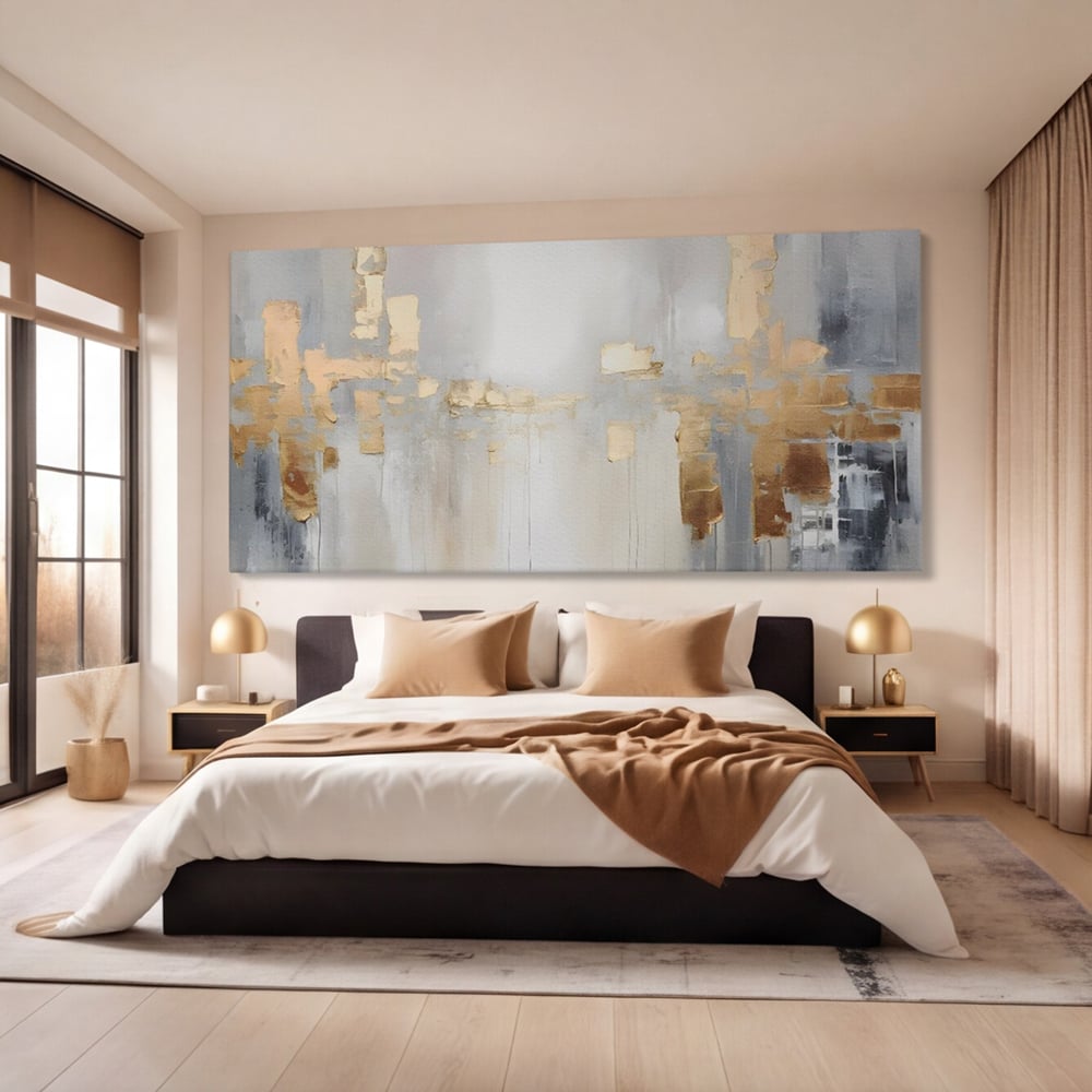 Tablou canvas cu pictura abstracta cu pete aurii si gri, fara rama, pe sasiu de lemn, pe perete intr-un dormitor