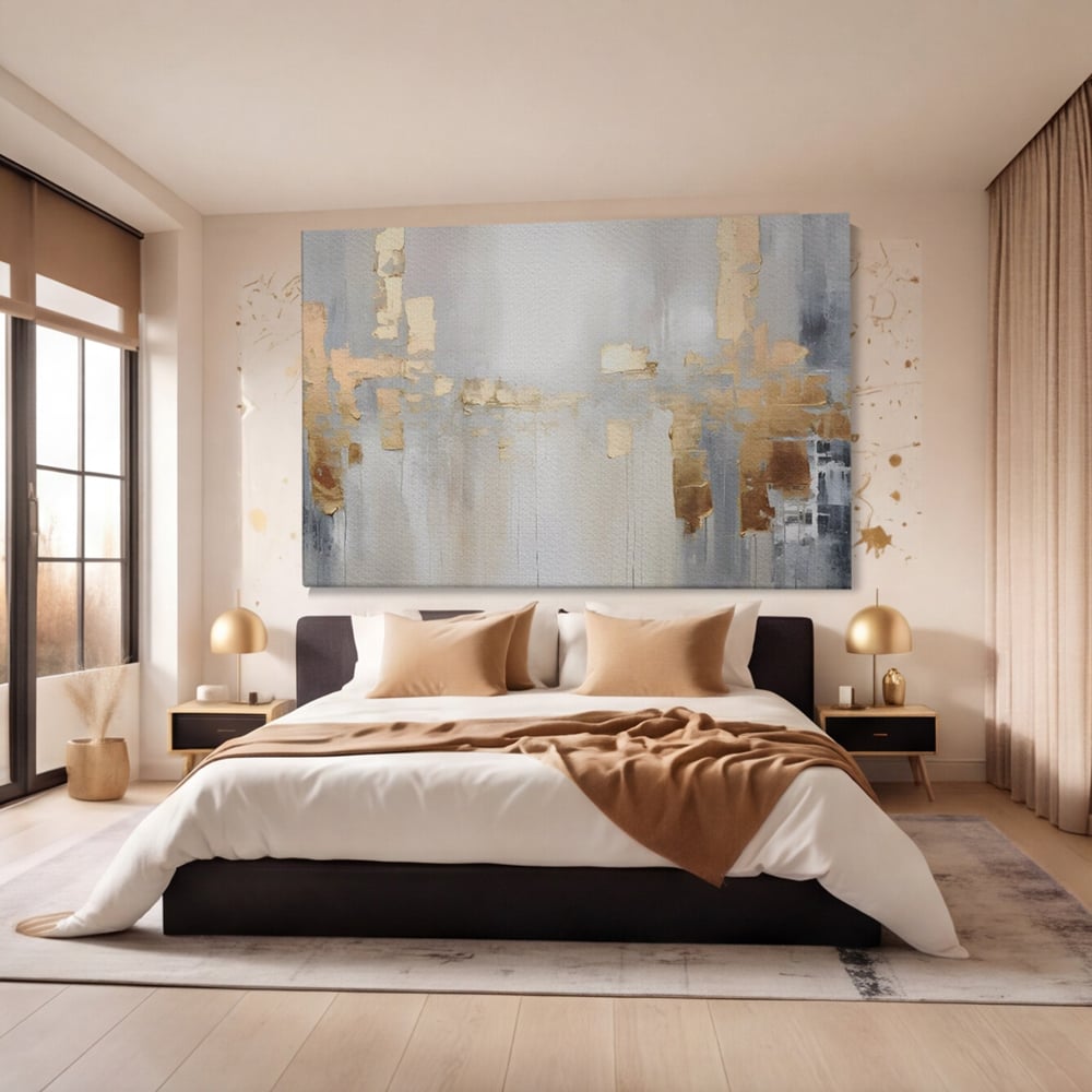 Tablou canvas cu pictura abstracta cu pete aurii si gri, fara rama, pe sasiu de lemn, pe perete intr-un dormitor