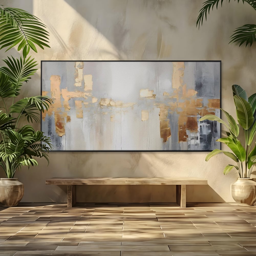 Tablou canvas cu pictura abstracta cu pete aurii si gri, in rama de aluminiu negru