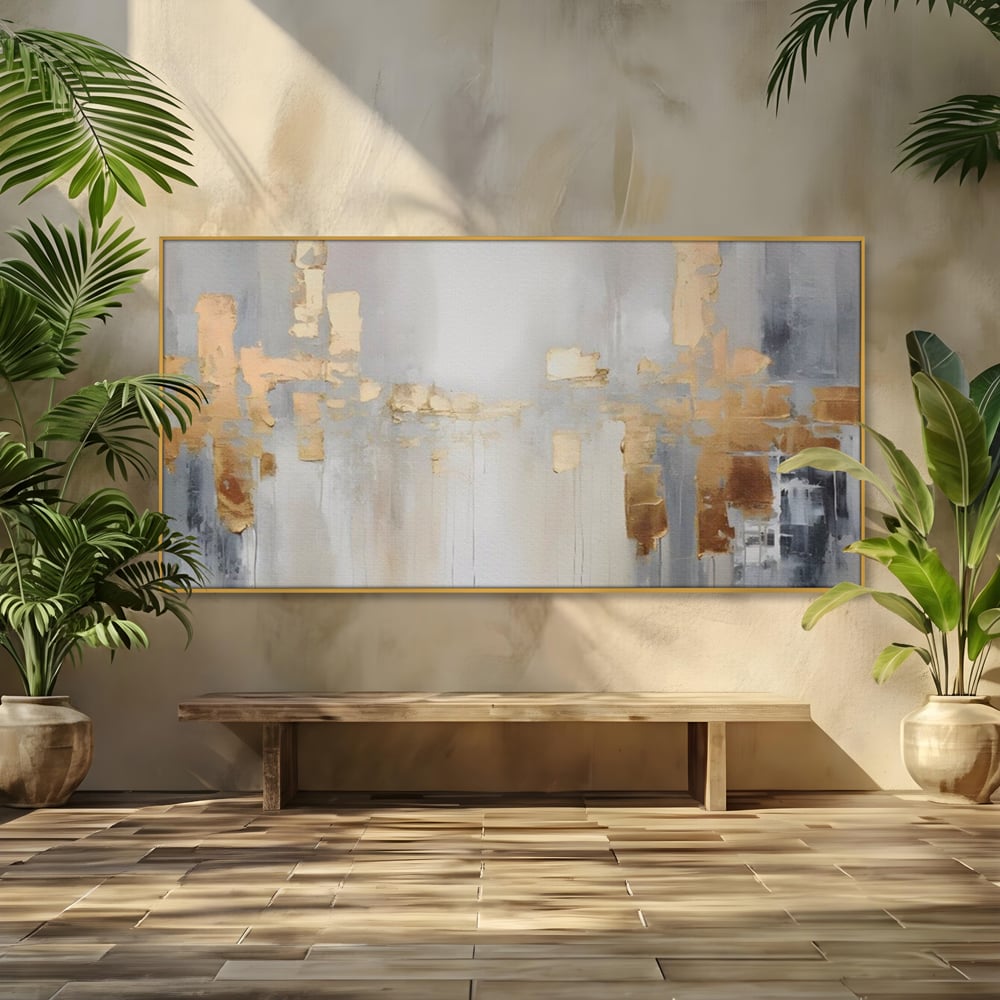 Tablou canvas cu pictura abstracta cu pete aurii si gri, in rama de aluminiu auriu