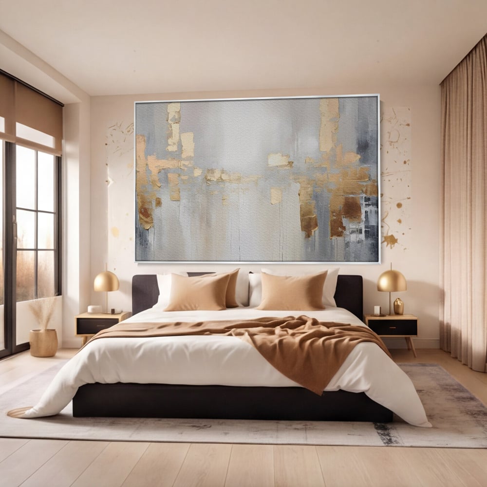 Tablou canvas cu pictura abstracta cu pete aurii si gri, in rama de aluminiu argintiu, pe perete intr-un dormitor