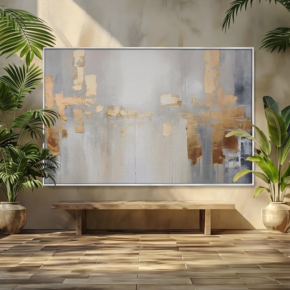Tablou canvas cu pictura abstracta cu pete aurii si gri, in rama de aluminiu argintiu