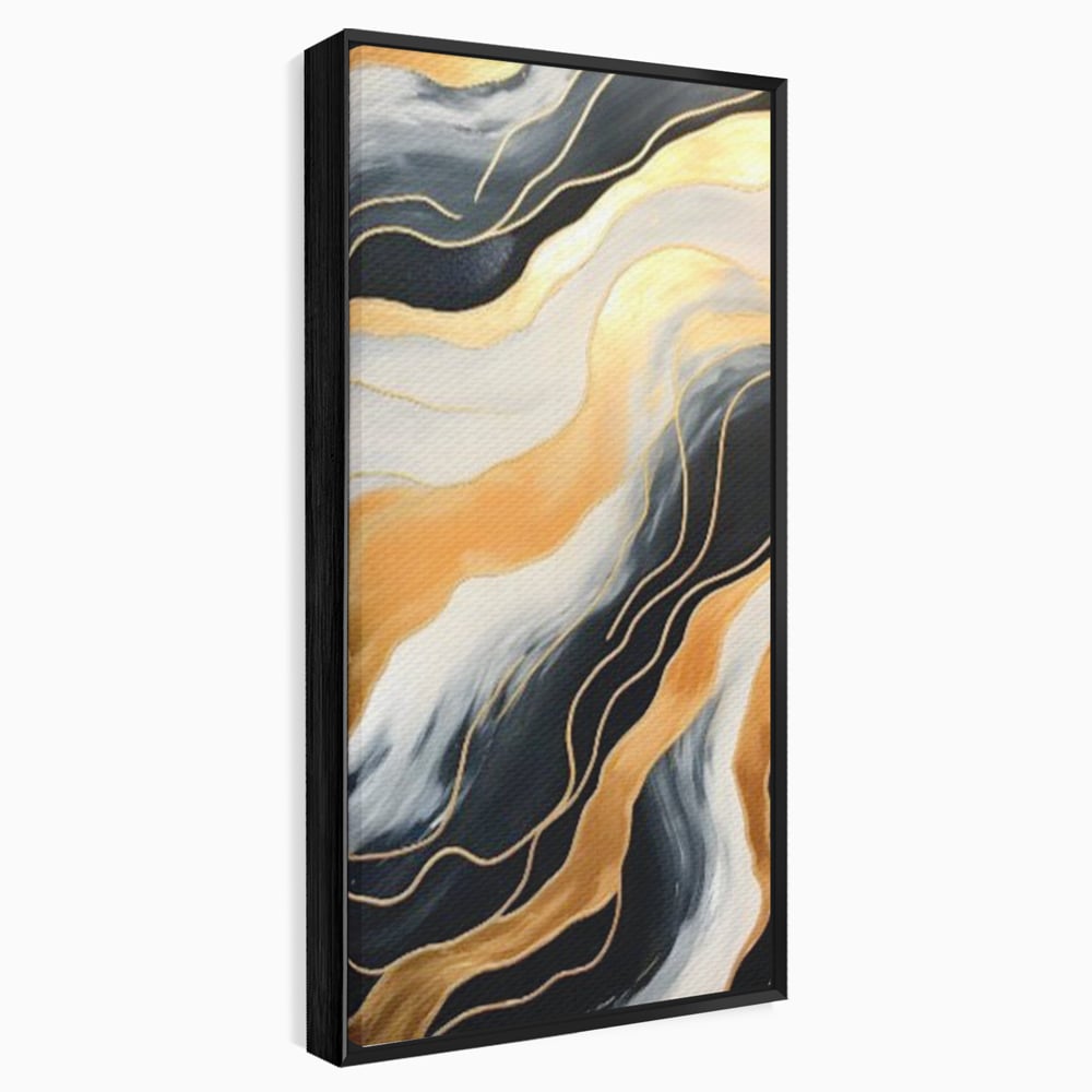 Tablou canvas cu pictura abstracta cu valuri aurii, in rama de aluminiu negru