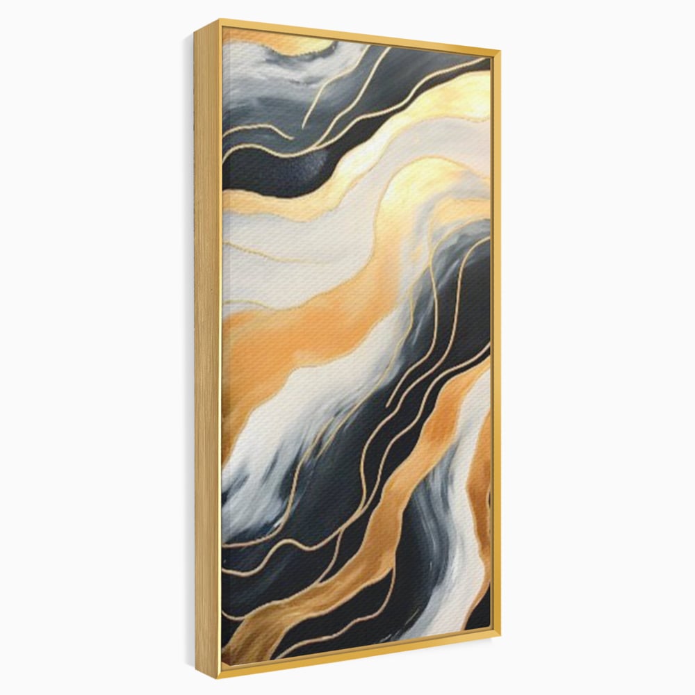Tablou canvas cu pictura abstracta cu valuri aurii, in rama de aluminiu auriu