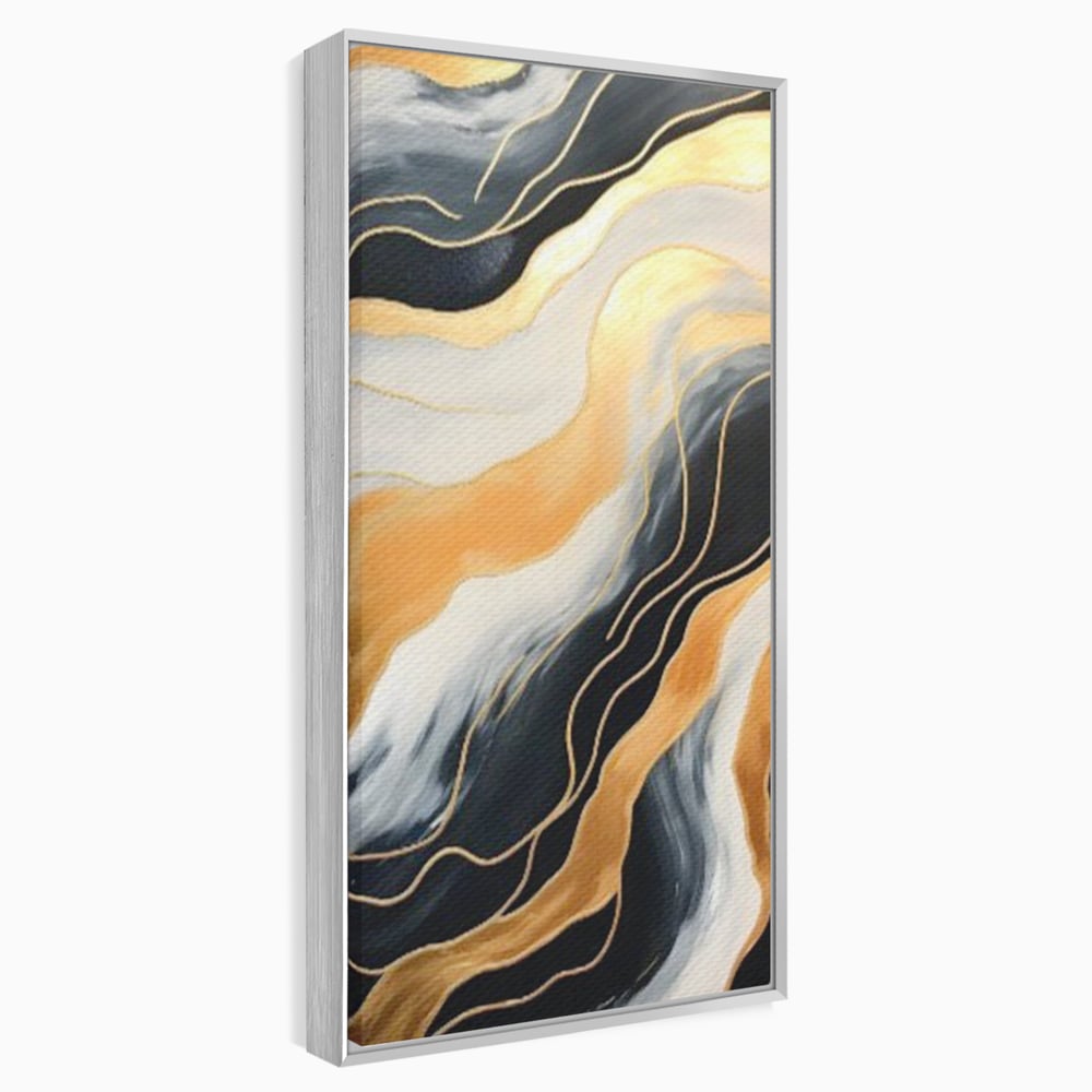 Tablou canvas cu pictura abstracta cu valuri aurii, in rama de aluminiu argintiu