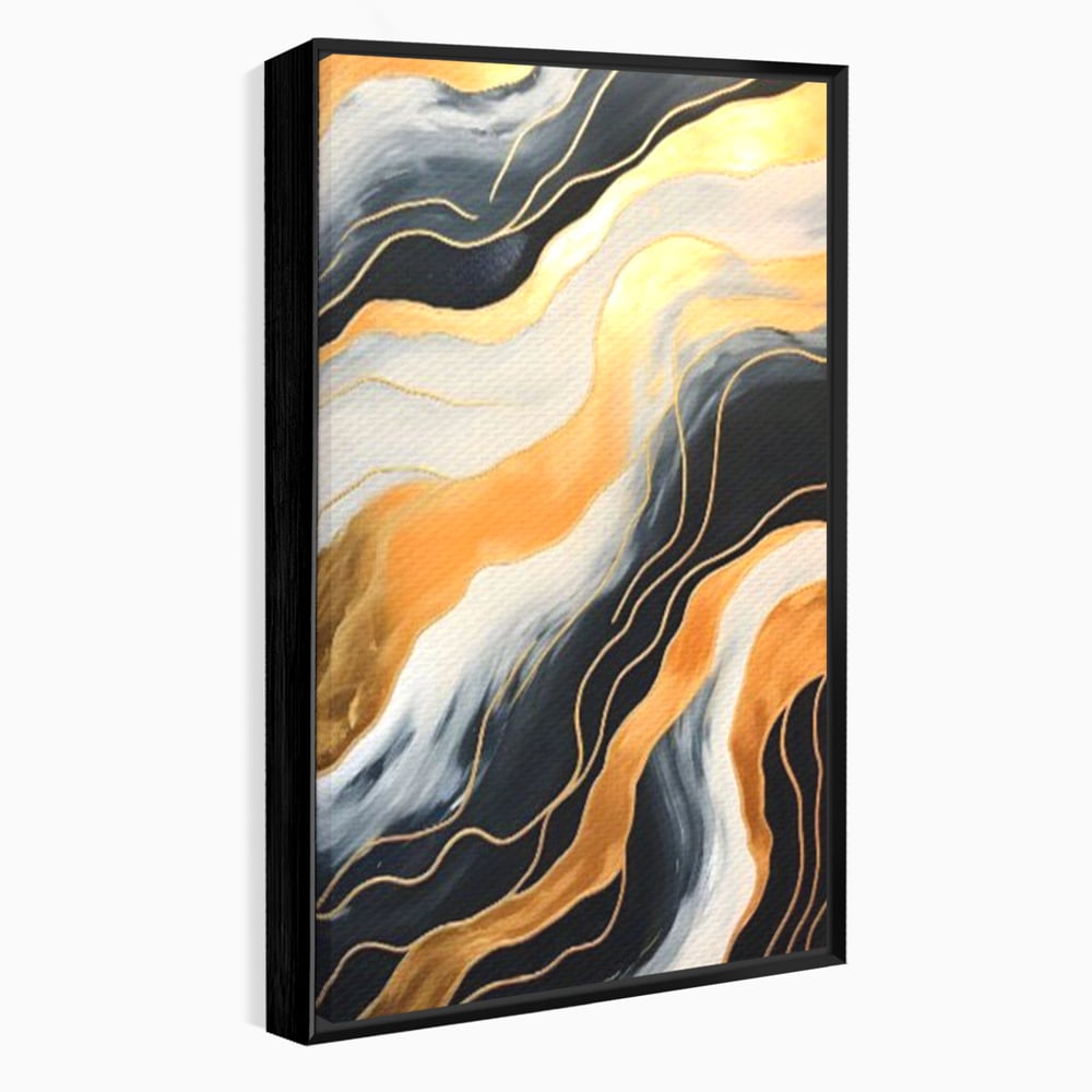 Tablou canvas cu pictura abstracta cu valuri aurii, in rama de aluminiu negru