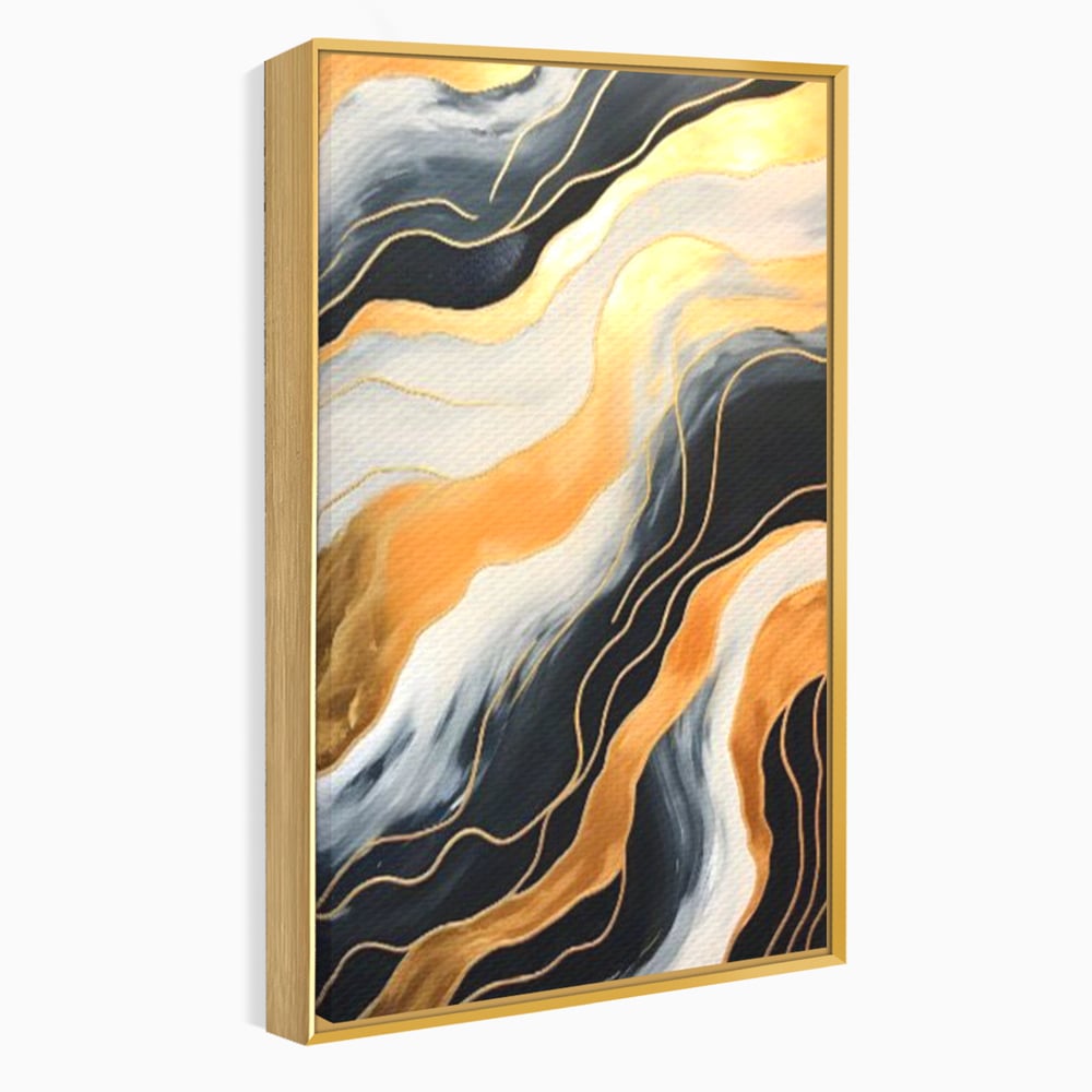 Tablou canvas cu pictura abstracta cu valuri aurii, in rama de aluminiu auriu