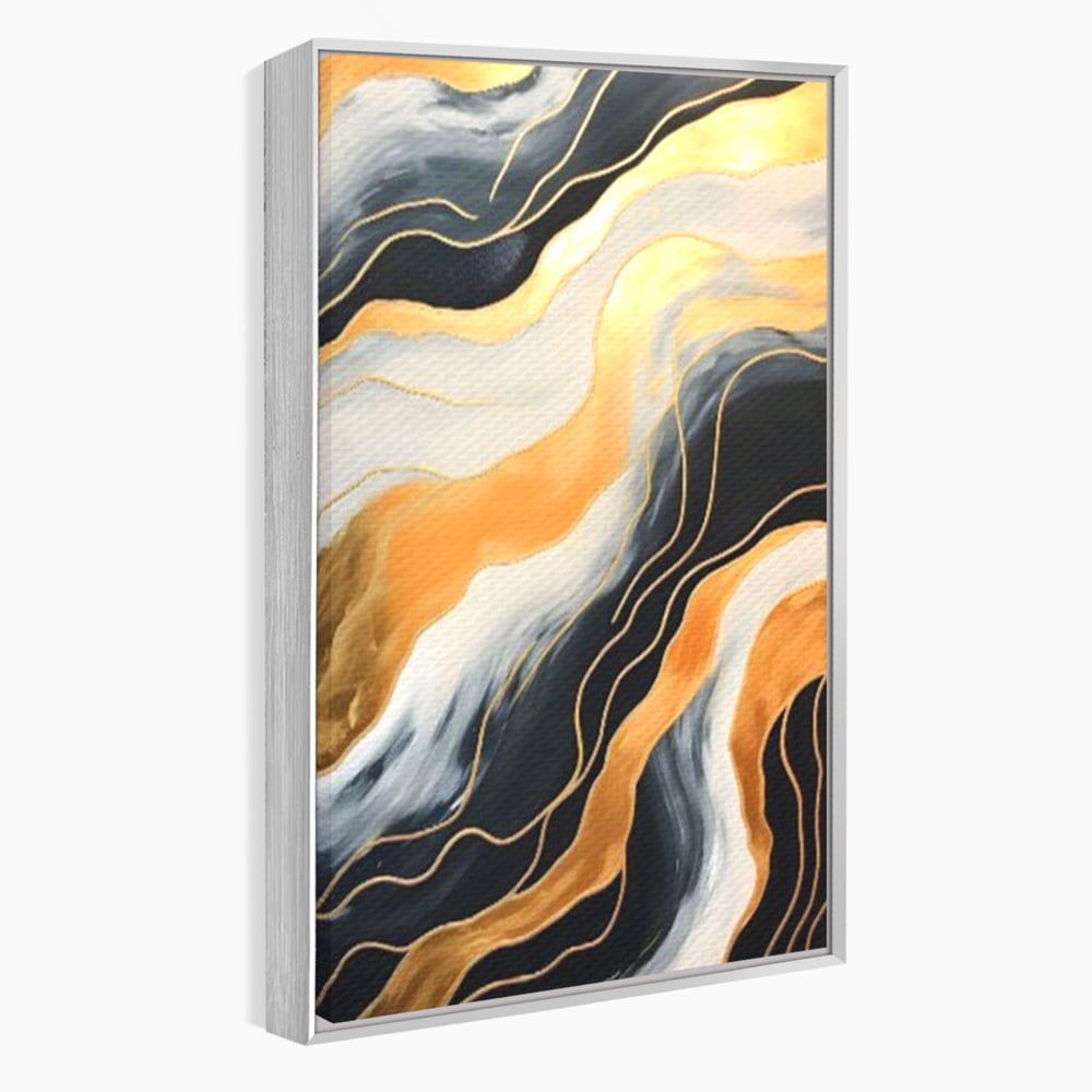 Tablou canvas cu pictura abstracta cu valuri aurii, in rama de aluminiu argintiu