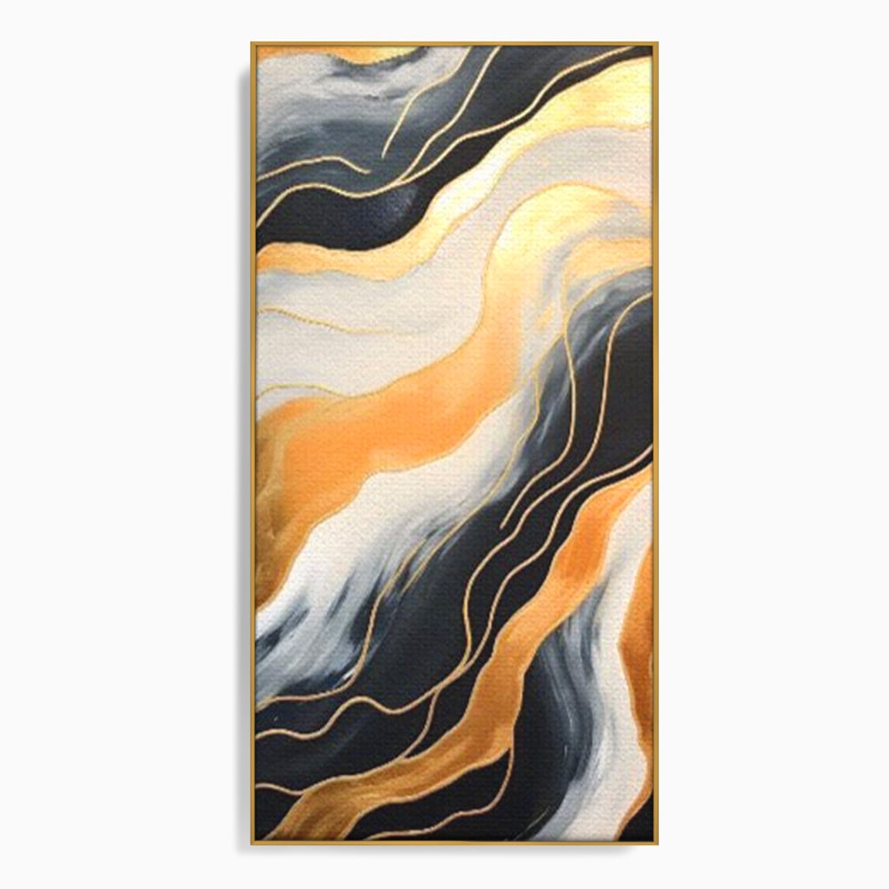 Tablou canvas cu pictura abstracta cu valuri aurii, in rama de aluminiu auriu