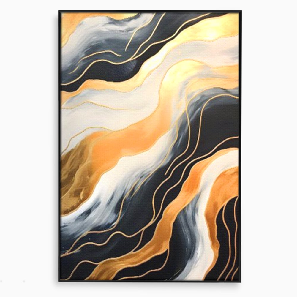 Tablou canvas cu pictura abstracta cu valuri aurii, in rama de aluminiu negru