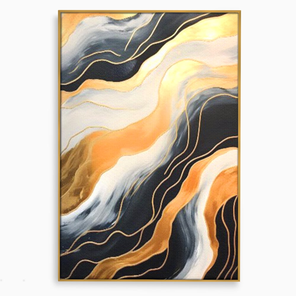 Tablou canvas cu pictura abstracta cu valuri aurii, in rama de aluminiu auriu