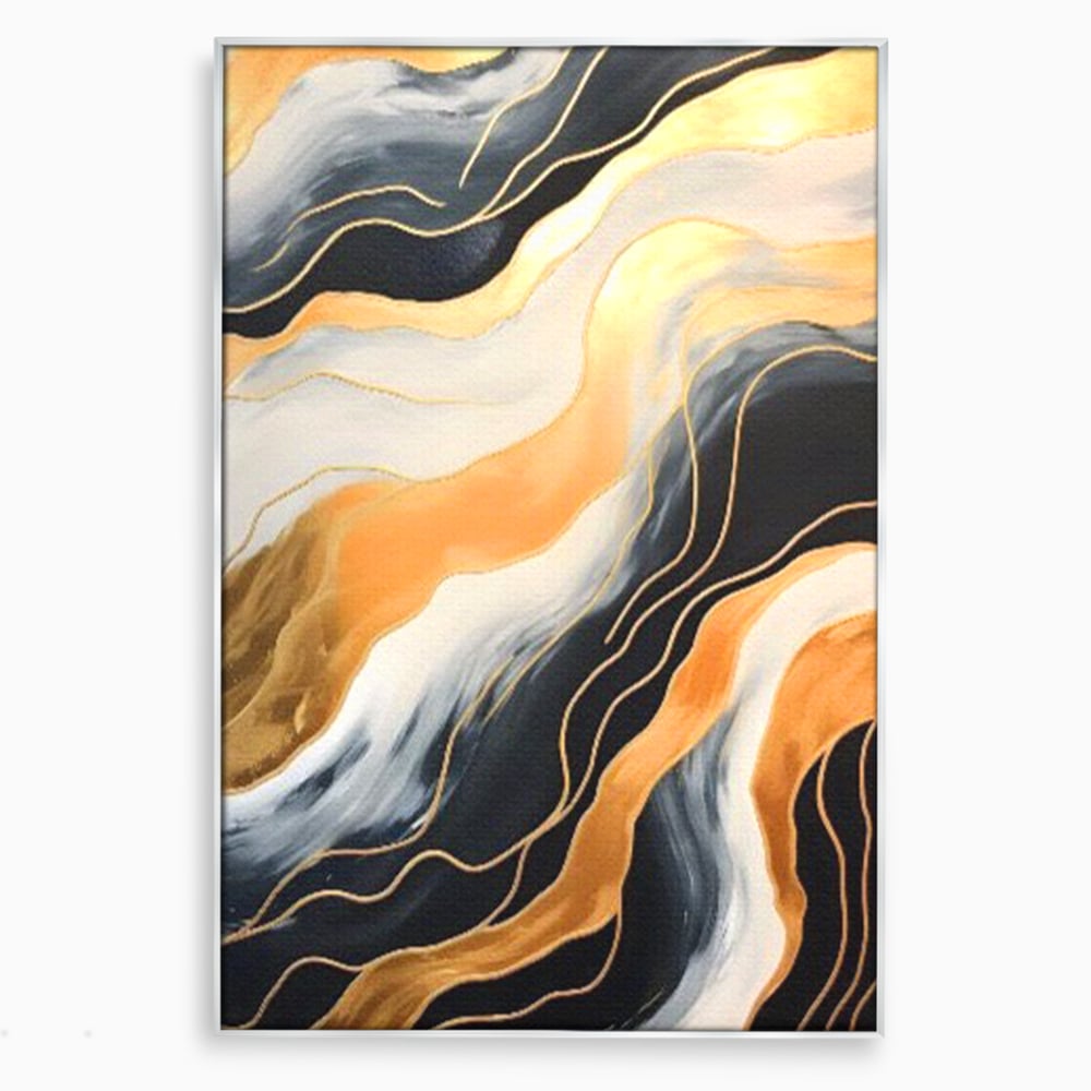 Tablou canvas cu pictura abstracta cu valuri aurii, in rama de aluminiu argintiu