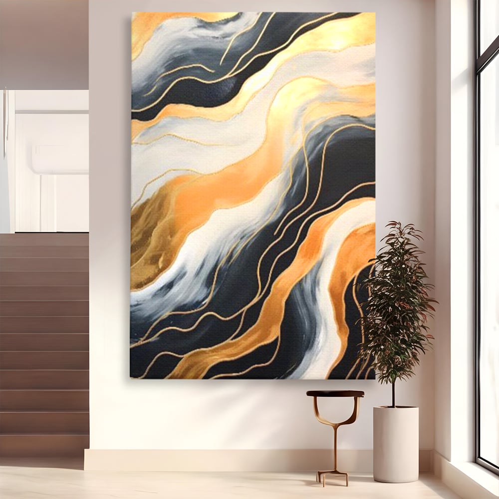 Tablou canvas cu pictura abstracta cu valuri aurii, fara rama, pe sasiu de lemn