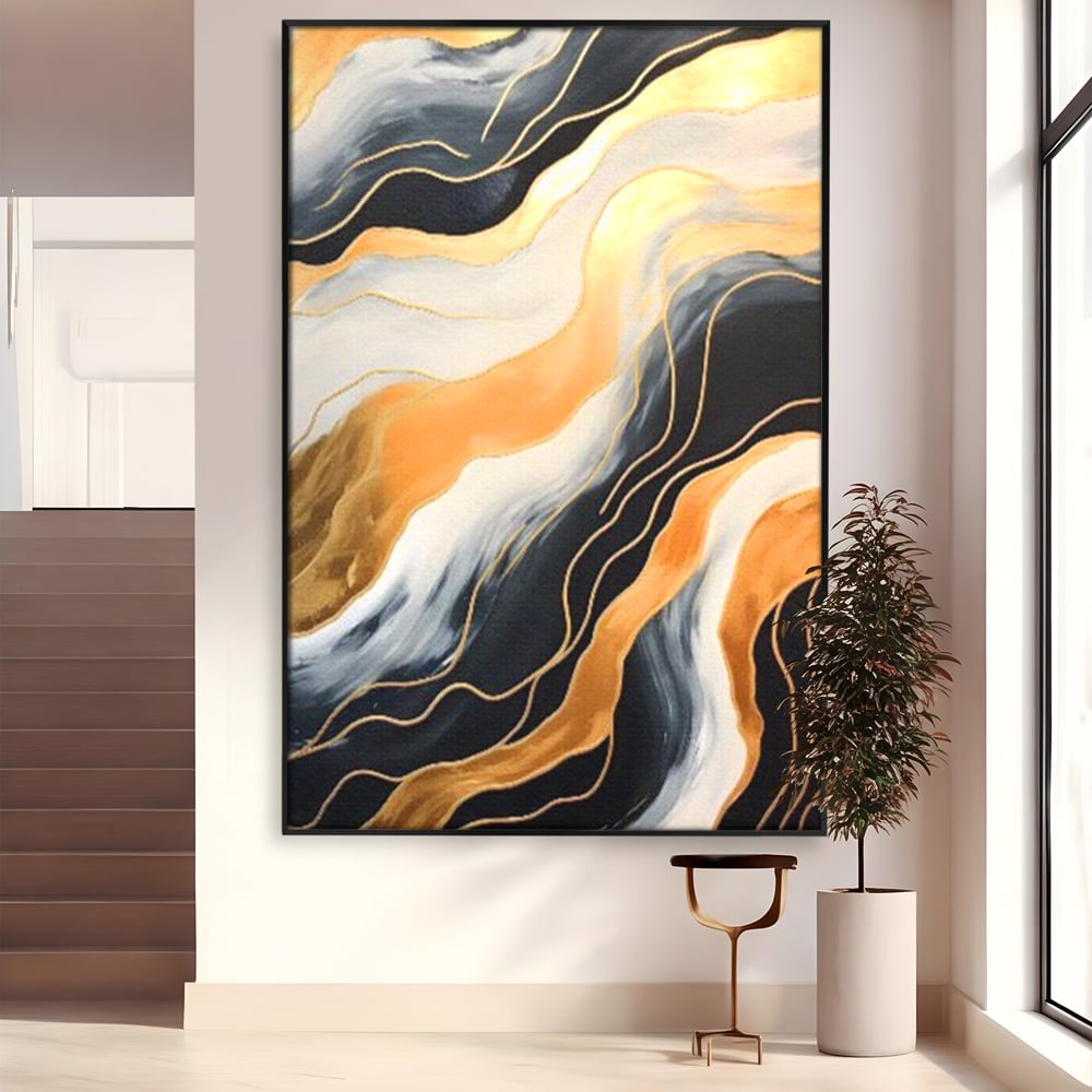 Tablou canvas cu pictura abstracta cu valuri aurii, in rama de aluminiu negru