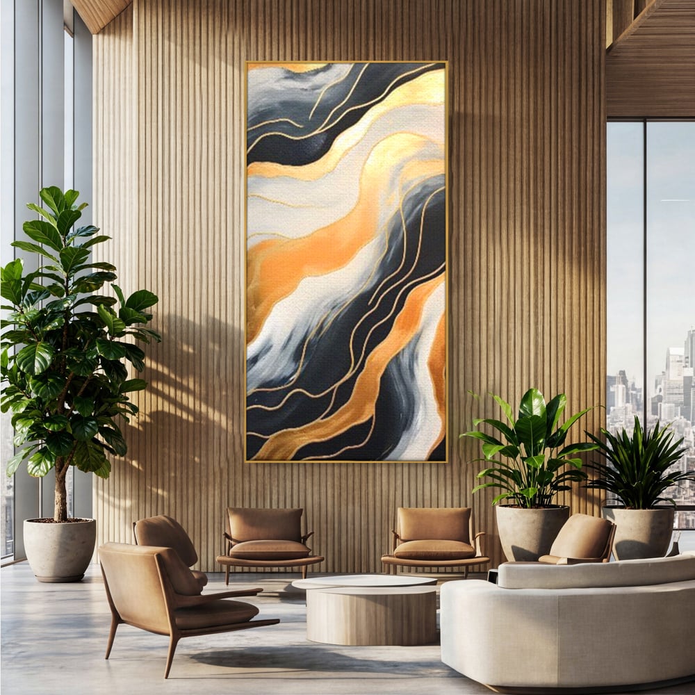 Tablou canvas cu pictura abstracta cu valuri aurii, in rama de aluminiu auriu, pe perete intr-un birou