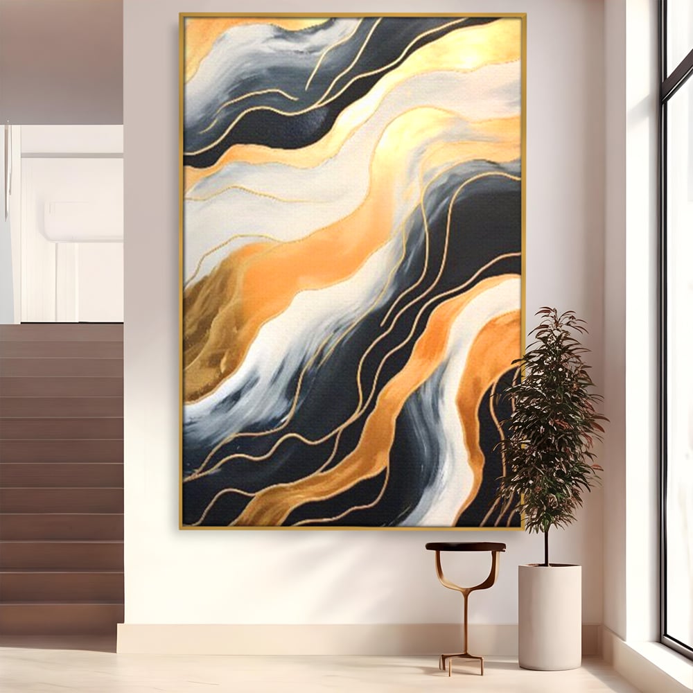 Tablou canvas cu pictura abstracta cu valuri aurii, in rama de aluminiu auriu