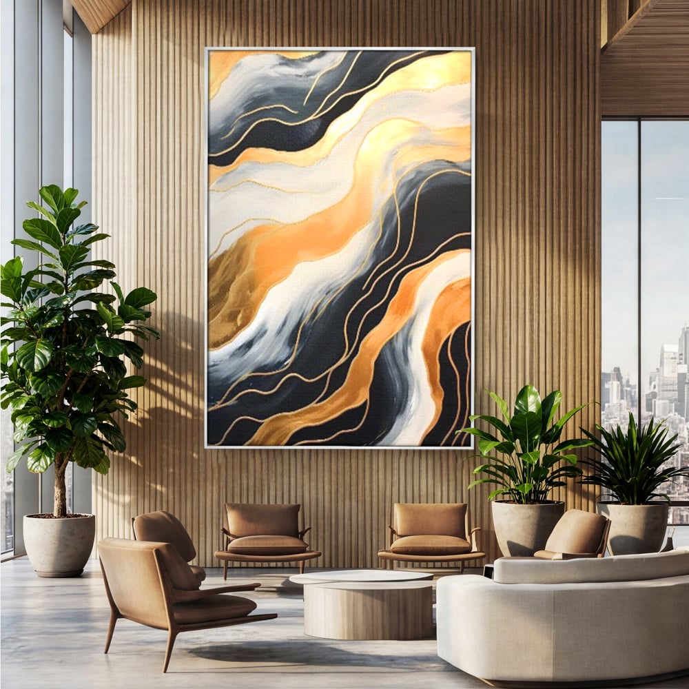 Tablou canvas cu pictura abstracta cu valuri aurii, in rama de aluminiu argintiu, pe perete intr-un birou