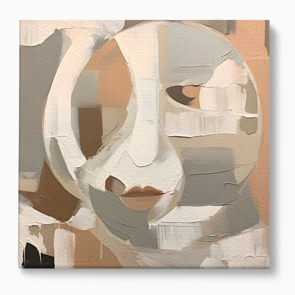 Tablou canvas cu pictura abstracta cu chip stilizat si buze, fara rama, pe sasiu de lemn