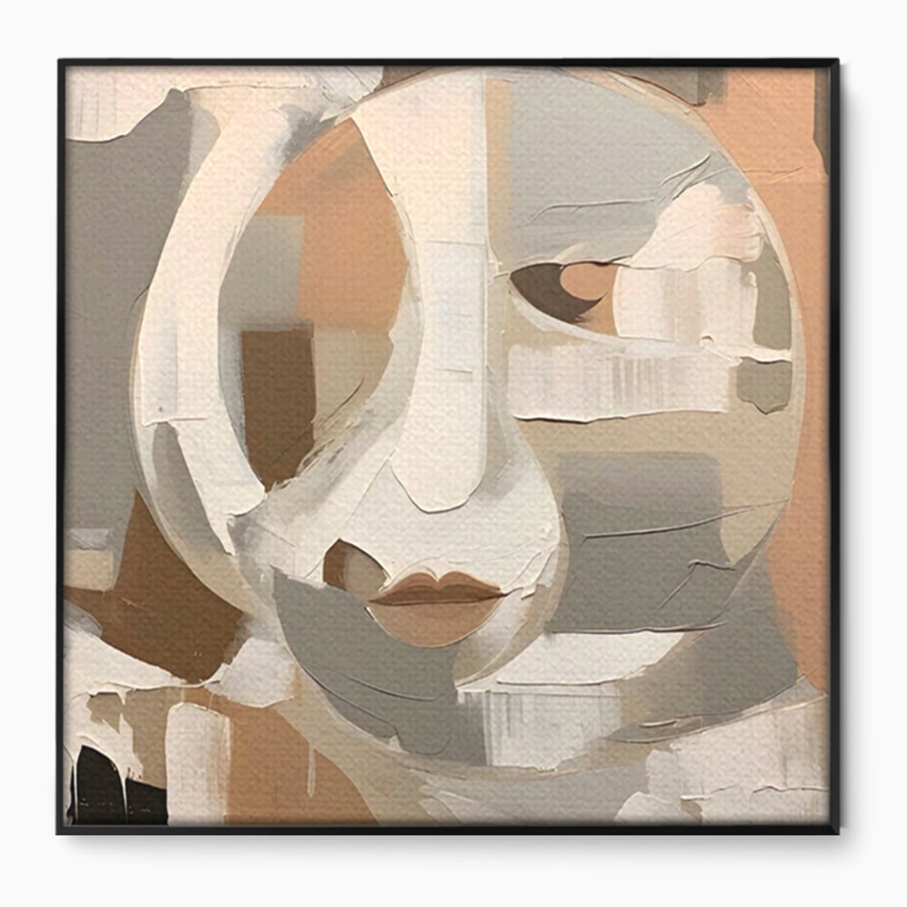 Tablou canvas cu pictura abstracta cu chip stilizat si buze, in rama de aluminiu negru