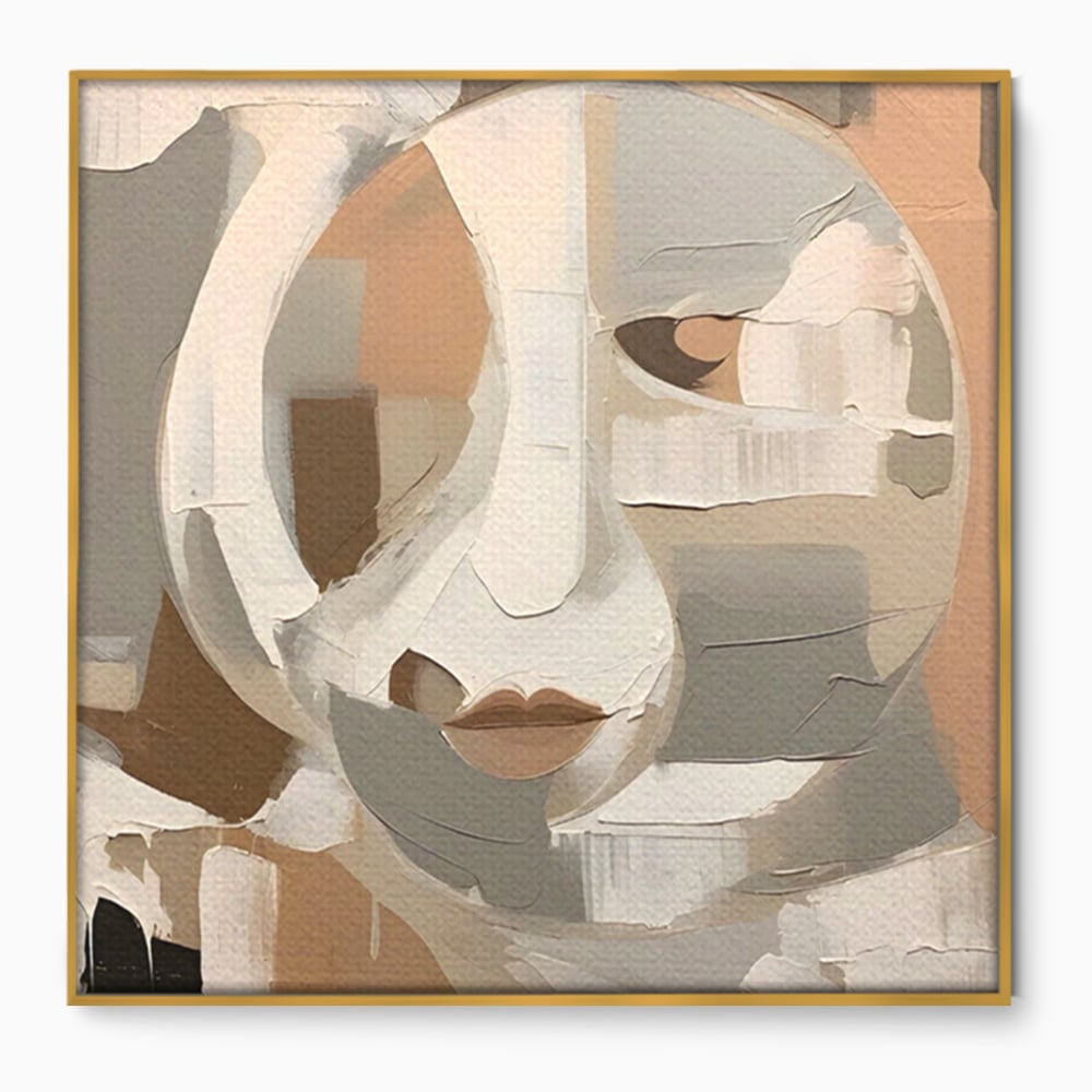 Tablou canvas cu pictura abstracta cu chip stilizat si buze, in rama de aluminiu auriu