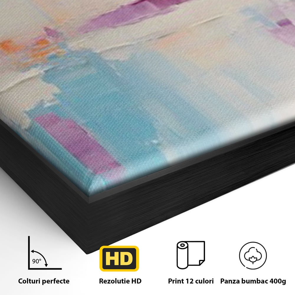 Detaliu al suprafetei: pictura abstracta orizontala in nuante vibrante, in rama de aluminiu negru