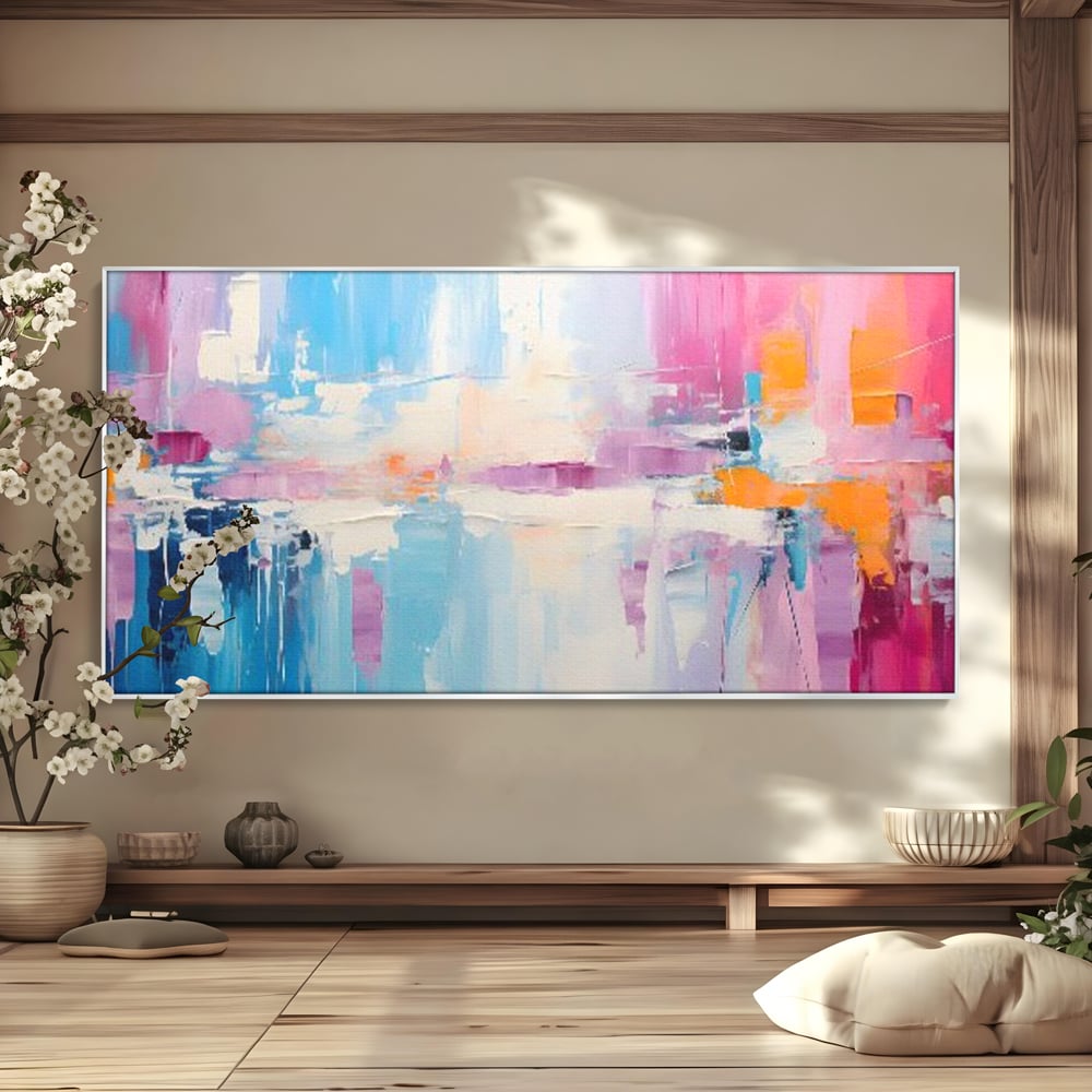 Tablou canvas cu pictura abstracta orizontala in nuante vibrante, in rama de aluminiu argintiu