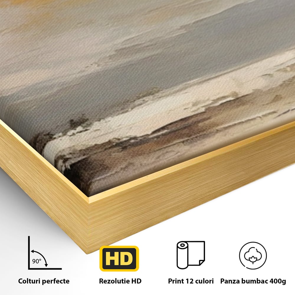 Detaliu al suprafetei: tablou canvas cu peisaj maritim abstract, in rama de aluminiu auriu