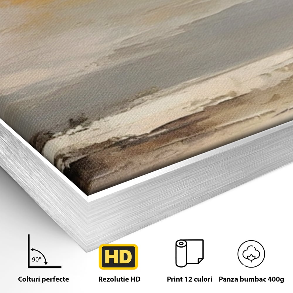 Detaliu al suprafetei: tablou canvas cu peisaj maritim abstract, in rama de aluminiu argintiu