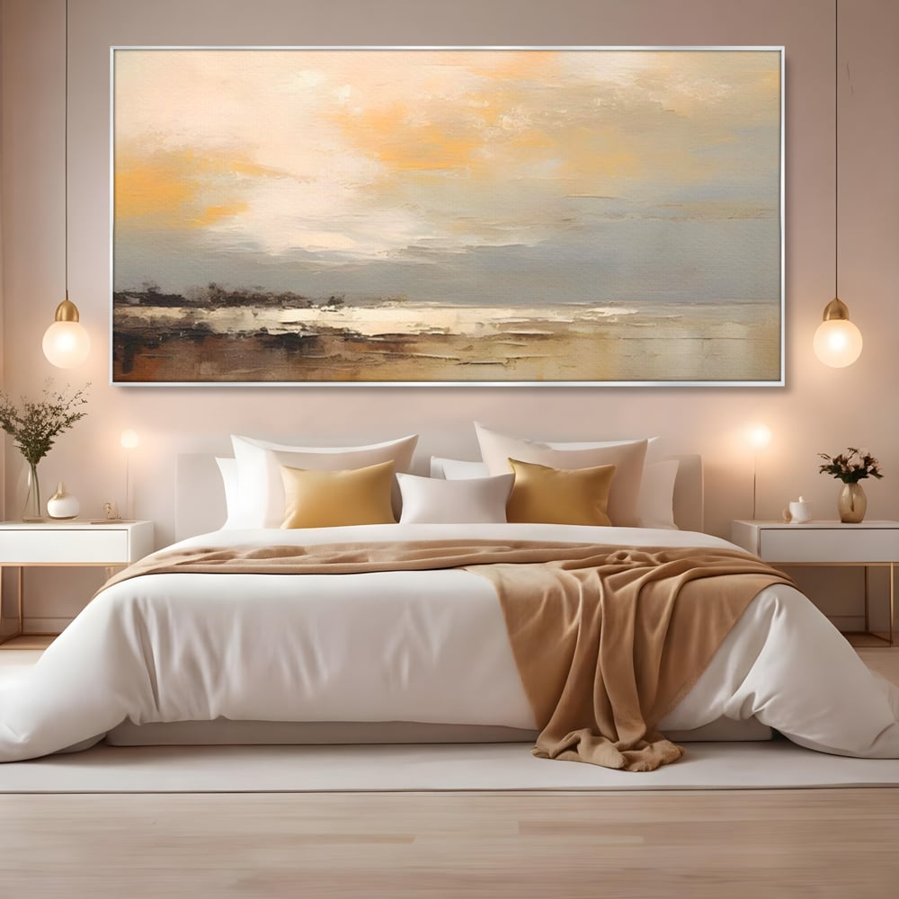 Tablou canvas cu tablou canvas cu peisaj maritim abstract, in rama de aluminiu argintiu, pe perete intr-un dormitor