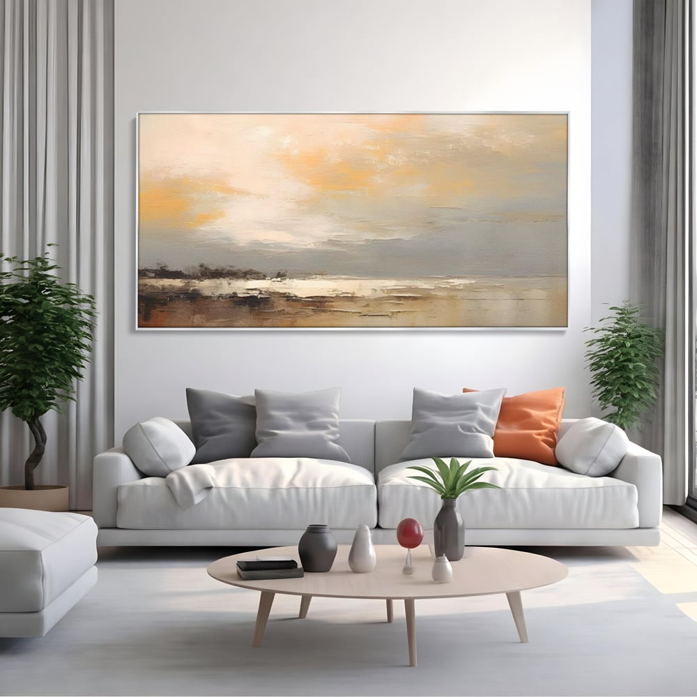 Tablou canvas cu tablou canvas cu peisaj maritim abstract, in rama de aluminiu argintiu, pe perete intr-un living