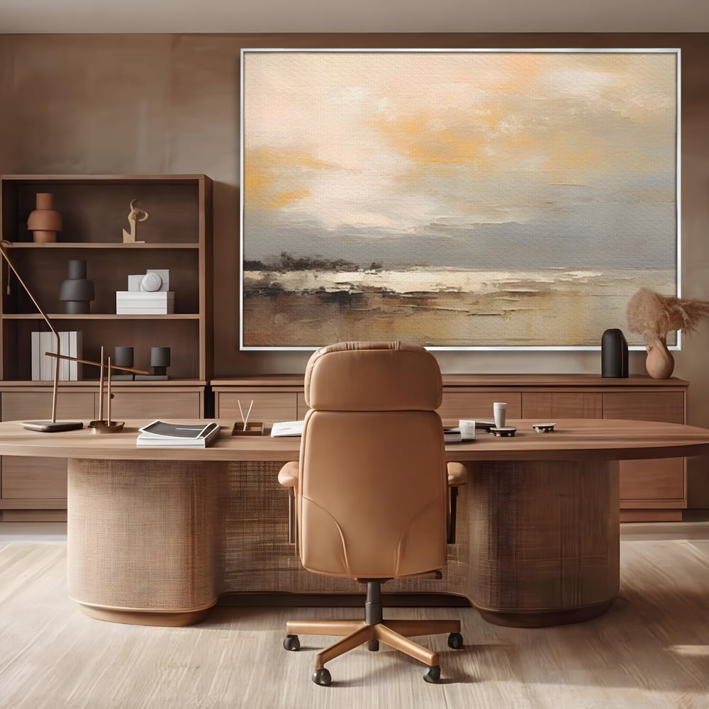 Tablou canvas cu tablou canvas cu peisaj maritim abstract, in rama de aluminiu argintiu, pe perete intr-un birou