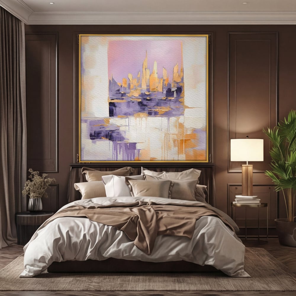 Tablou canvas cu pictura abstracta cu siluete de zgarie-nori, in rama de aluminiu auriu, pe perete intr-un dormitor