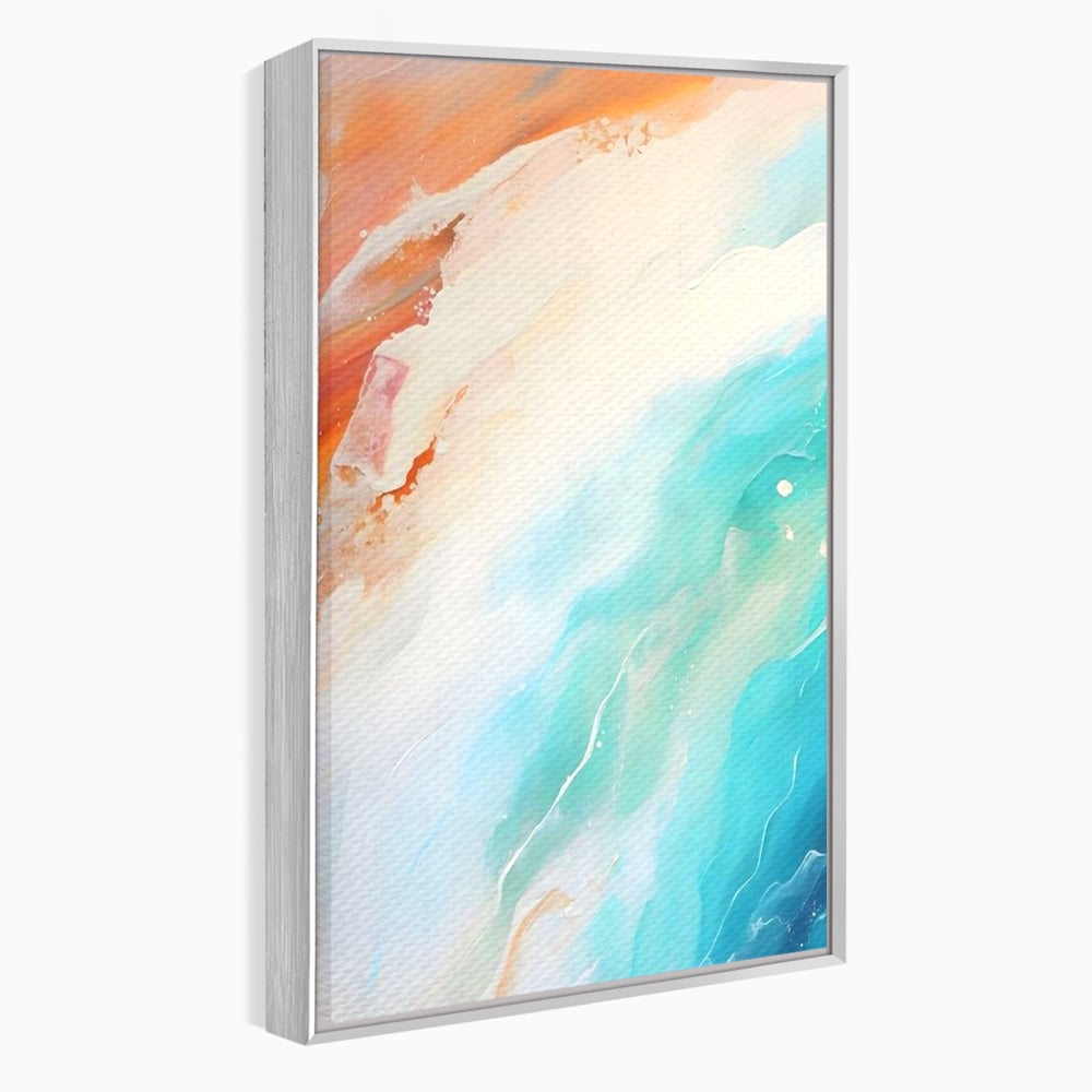 Tablou canvas cu pictura abstracta cu valuri turcoaz, in rama de aluminiu argintiu